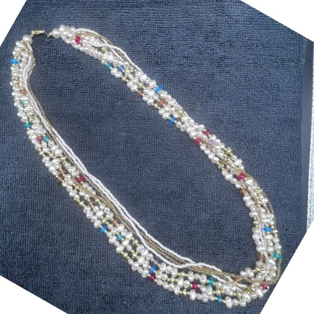 Vtg 7 Strand Necklace Faux Baroque and Seed Pearls Acrylic Gold Tone Accents 25"